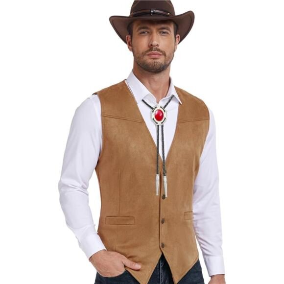 Western Native Cowboy Necktie Leather Red2 - Picture 4 of 7